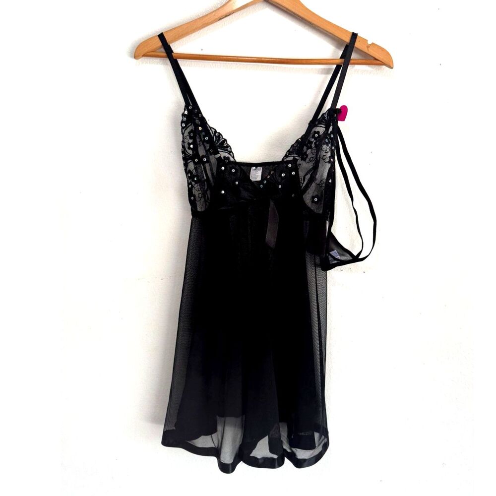 Embroidered Babydoll cami chemise sleepwear black sheer lace set women L New